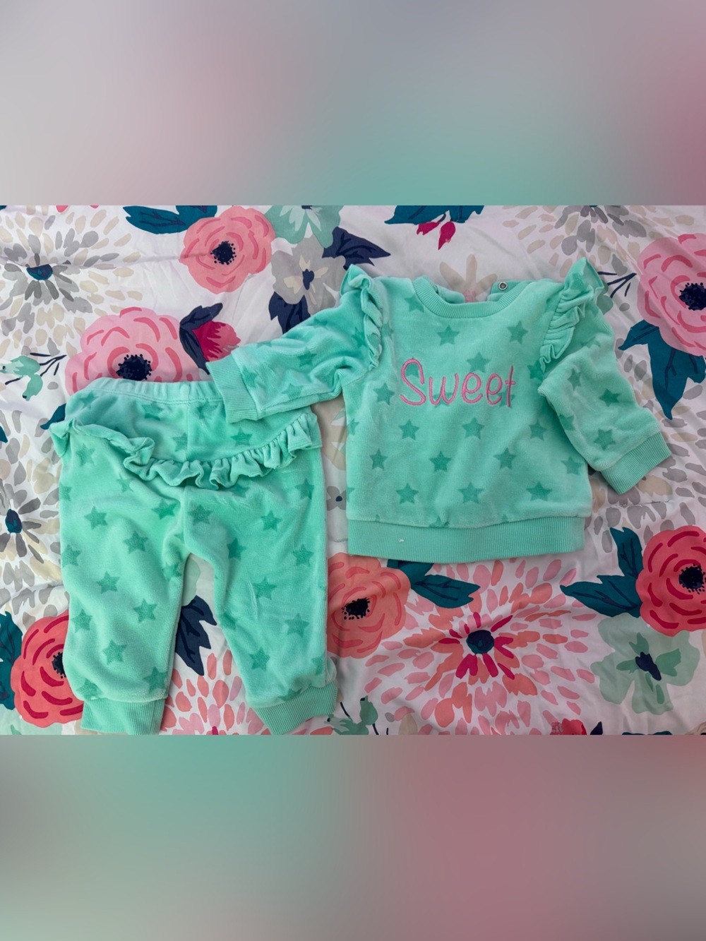 Little Me Mint Green Infant Bodysuit with Pink Floral Accents